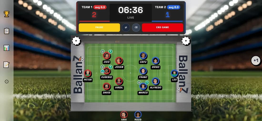 Live match controller — running clock, live score, tap a player