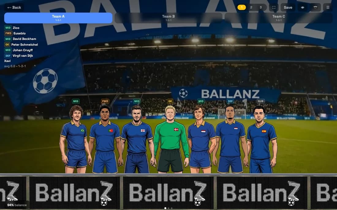 Ballanz team reveal — three balanced teams on the stadium screen